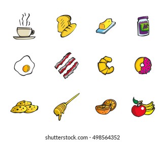 Colorful hand drawn cartoon style breakfast snack icon set