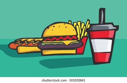 Colorful hand drawn cartoon style of soda, hamburger and hotdog. fastfood