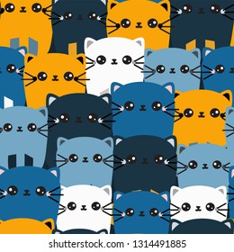 Colorful hand drawn cats. Hand-drawn creative print. Animals collection. Cute kittens. Abstract art background. Vector seamless pattern in bright blue, yellow, colors