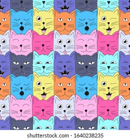 Colorful hand drawn cats vector pattern. Doodle art.