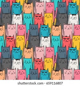 Colorful hand drawn cats vector pattern. Doodle art.