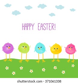 Colorful hand drawn chicks. Watercolor funny baby chickens. Watercolor/acrylic kids Easter art. Children Easter crafts. Vector eps 10 illustration on white background. Baby shower / Easter card design