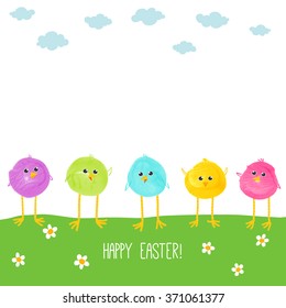 Colorful hand drawn chicks. Watercolor funny baby chickens. Watercolor/acrylic kids Easter art. Children Easter crafts. Vector eps 10 illustration on white background. Baby shower / Easter card design
