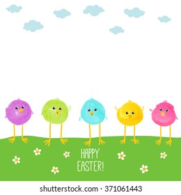 Colorful hand drawn chicks. Watercolor funny baby chickens. Watercolor/acrylic kids Easter art. Children Easter crafts. Vector eps 10 illustration on white background. Baby shower / Easter card design