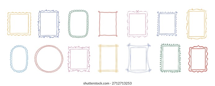 Colorful hand drawn childish frames set, cute vector whimsical borders for photo and birthday card