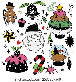 Colorful hand drawn Christmas doodles featuring Santa, holiday treats, candy cane, and festive decorations, isolated on white background