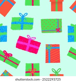 Colorful Hand drawn Christmas gift patterned design. Seamless pattern of textured crayon xmas presents on cream color background. Crayon brush texture. Painted Christmas presents with bow ribbons.