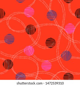 Colorful hand drawn circle and polka dots with hand drawn double line random seamless pattern vector . Design for fashion , fabric, web, and all prints on summer red background color