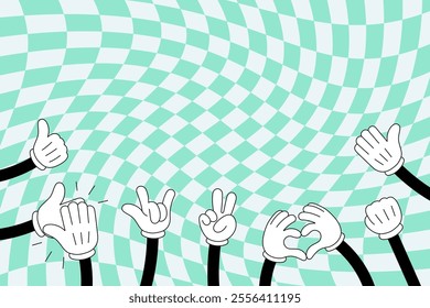 Colorful hand drawn claps and thumbs up gesture. Applause illustration expressing approval and gratitude. Vibrant groovy vector art celebrating success and spreading encouragement