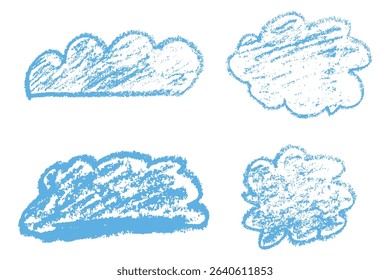 Colorful hand drawn clouds with chalk and wax crayon texture. A playful set of sketchy shape. Rough lines and bold shapes