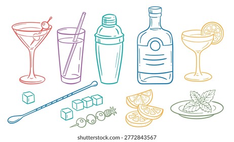 Colorful Hand Drawn Cocktail Making Tools and Bar Essentials Doodle Set