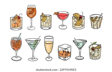 Colorful hand drawn cocktails set cartoon style sketch vector art illustration.