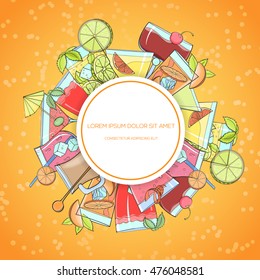 Colorful hand drawn cocktails, vector illustration can be used for menu illustration, cards, invitation, postcard or website banner. Cocktail glass with straw, umbrella, orange, lime, mint
