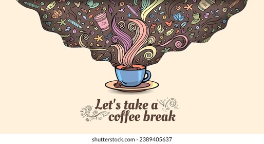 Colorful Hand drawn coffee doodles concept art. Coffee shop wall background illustration. Line drawing doodle collection with cups of coffee vector art.