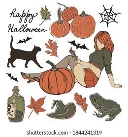 Colorful hand drawn collection of Halloween related elements