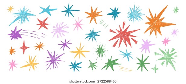 Colorido dibujado a mano cometa, fuegos artificiales, estrellas. Crayón centellea conjunto de chispas. Garabato mágico de colección de polvo de estrellas. Navidades de color azul infantil, decoración de brillo púrpura. Elementos de asterisco de Vector sin fondo.