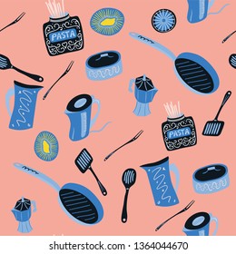 Colorful hand drawn cooking utensils and cutlery seamless pattern for menu covers and wrapping paper