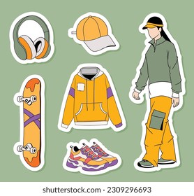Colorful hand drawn cool trendy stickers collection