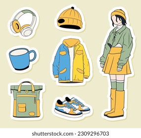 Colorful hand drawn cool trendy stickers collection