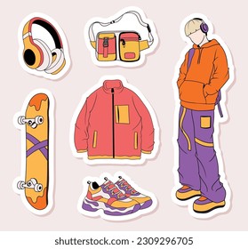 Colorful hand drawn cool trendy stickers collection