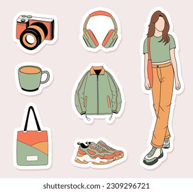 Colorful hand drawn cool trendy stickers collection