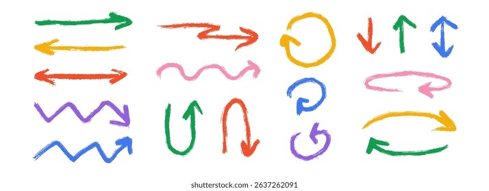 Colorful hand drawn crayon arrow collection. Curved, zig zag and straight doodle arrows set. Charcoal sketch pointers and direction lines. Vector pastel pencil, chalk or marker brush stroke elements