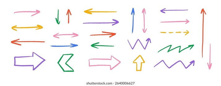 Colorful hand drawn crayon arrow collection. Straight zig zag and dash doodle arrows set. Charcoal sketch pointers and direction lines. Vector pastel pencil, chalk or marker brush stroke elements