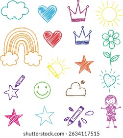 Colorido desenhado à mão Crayon estilo vetor ícone definido com arco-íris corações coroas estrelas flores e criança Doodle ilustrações para crianças Design e educação

