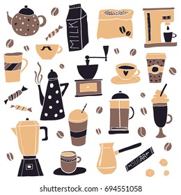 Colorful Hand Drawn cups and mugs set. Vector Sketch Illustration. Set With Turk, Cups, Coffee Bag With Beans, Coffee Mill, Coffee Maker, Kettle, Cups, Latte.