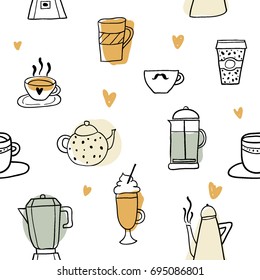 Colorful Hand Drawn cups and mugs seamless pattern. Vector Sketch Illustration. Background With Cups, Kettle, Cups, Latte. Cute texture with hot breakfast drinks for kitchen textile, fabric,  paper