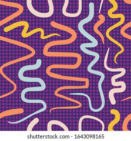 Colorful hand drawn curly line art seamless pattern for wallpaper, wrapping and textile. Blue, yellow and pink color modern seamless pattern.