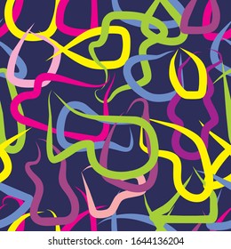 Colorful hand drawn curly line art seamless pattern for wallpaper, wrapping and textile. Contemporary yellow, blue and pink color repeat pattern. Modern endless vector pattern.