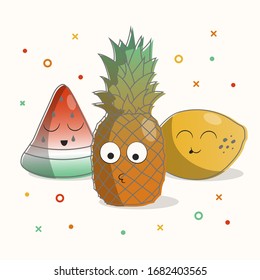Colorful hand drawn cute baby pineapple, watermelon and lemon. Vector isolated cozy tropical fruit background for greeting card. Funny fruits template.