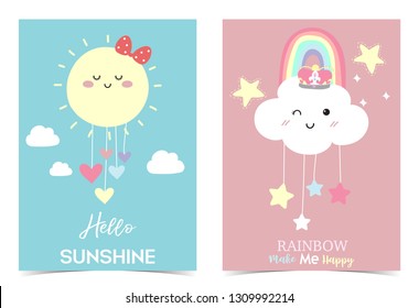 Colorful Hand Drawn Cute Card With Rainbow,heart,cloud,star,sun.Rainbow Make Me Happy.Hello Sunshine