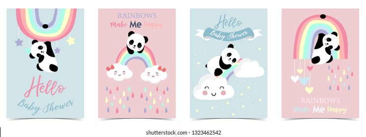 Colorful hand drawn cute card with rainbow,heart,cloud,panda and rain.Rainbow make me happy