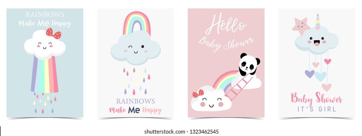 Colorful hand drawn cute card with rainbow,heart,cloud,panda and rain.Rainbow make me happy