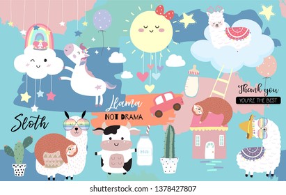 Colorful hand drawn cute card with llama, rainbow,unicorn,sloth,cloud,sun,cow.No drama llama