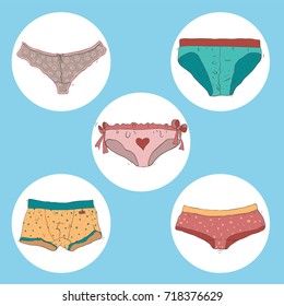 colorful hand drawn, cute, soft, comfortable underwear for men and women in cartoon style on a soft light blue background - vector illustration