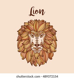 Colorful hand drawn cute vector lion head with ethnic floral pattern. Vector illustration