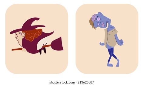 colorful hand drawn cute witch and zombie