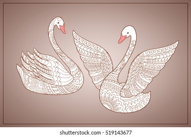Colorful hand drawn decorated couple swans on the vintage background. Image for Valentine Day, wedding, greeting, invitation, save date card. EPS 10.