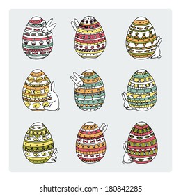 colorful hand drawn decorative easter eggs with bunnies