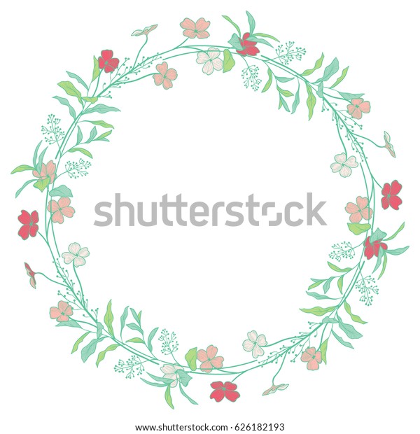 Colorful Hand Drawn Decorative Outlined\
Wreath with Branches, Laurels with Herbs, Plants and Flowers,\
Florals. Lush Greenery. Vector\
Illustration