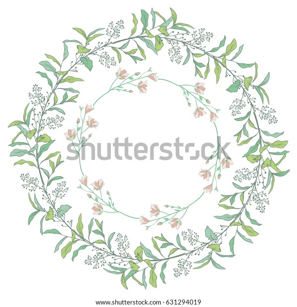 Colorful Hand Drawn Decorative Outlined\
Wreaths with Branches, Laurels with Herbs, Plants and Flowers,\
Florals. Lush Greenery. Vector\
Illustration