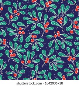 Colorful Hand Drawn Delicate Line Art Christmas Mistletoe Foliage Vector Seamless Pattern on Dark Background. Modern Detailed Red Berries Winter Holiday Print. for Invitations, Gift Paper, Stationery