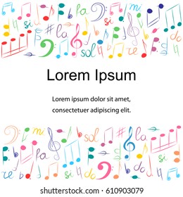 Colorful Hand Drawn Different  Music Symbols.  Doodle Treble Clef, Bass Clef, Notes and Lyre. Template with Place for Text in Center. Vector Illustration.