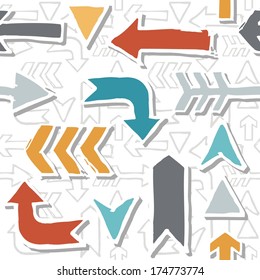 Colorful hand drawn different shaped arrow set on white background seamless pattern 