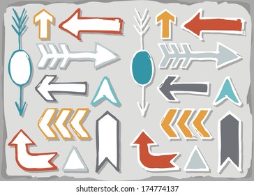 Colorful hand drawn different shaped arrow set isolated on gray background  