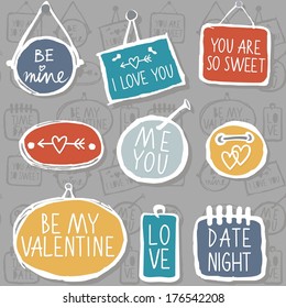 Colorful hand drawn different shaped label set isolated on gray background with love messages love romantic wedding valentines day seamless pattern