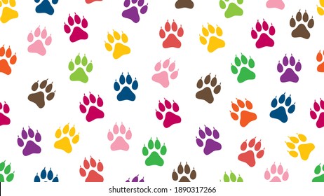 Colorful hand drawn dog paw print seamless pattern on white background